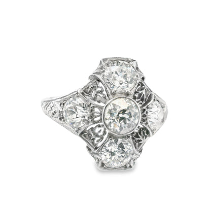 Art Deco 3 Cts European Cut Diamond Filigree Platinum Ring