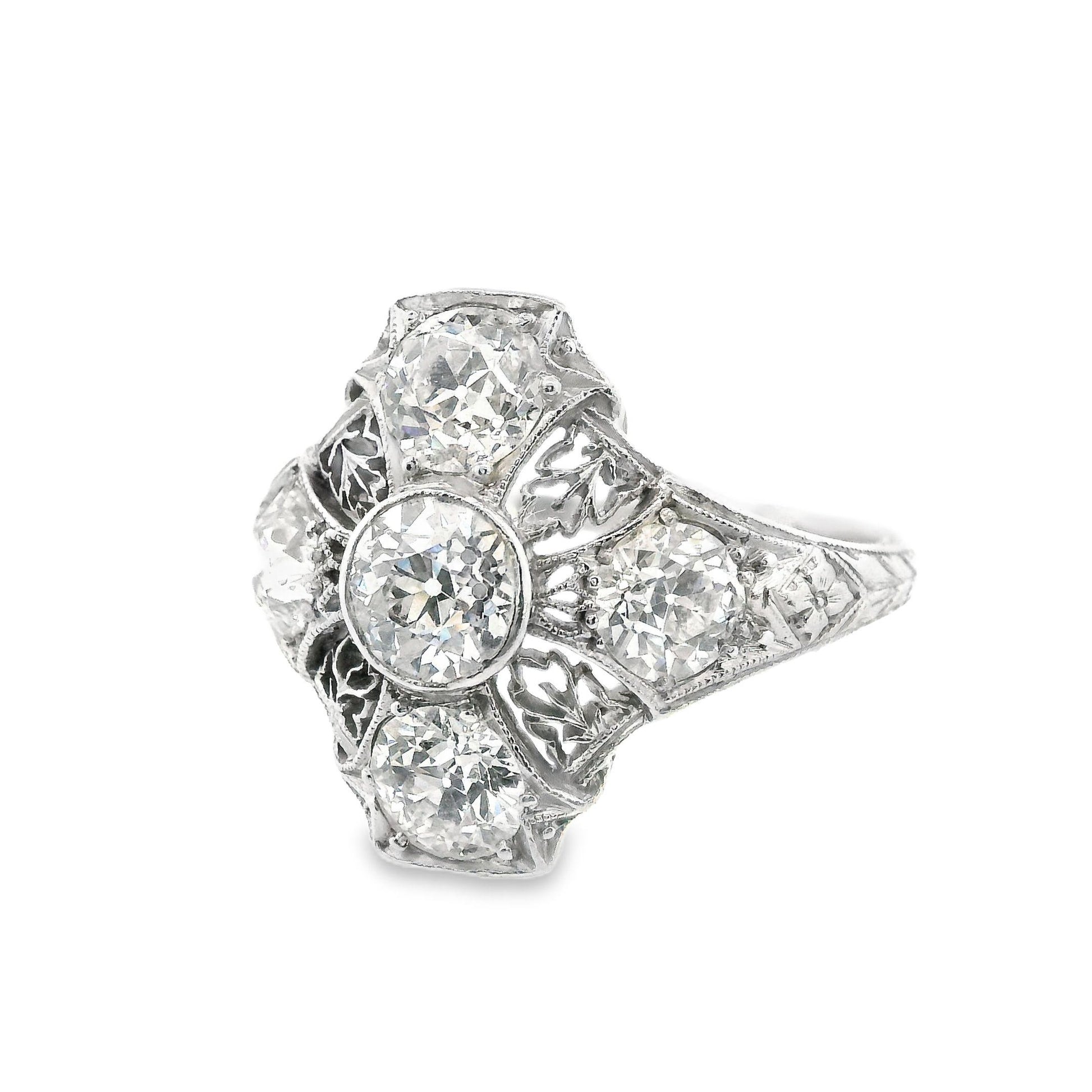 Art Deco 3 Cts European Cut Diamond Filigree Platinum Ring