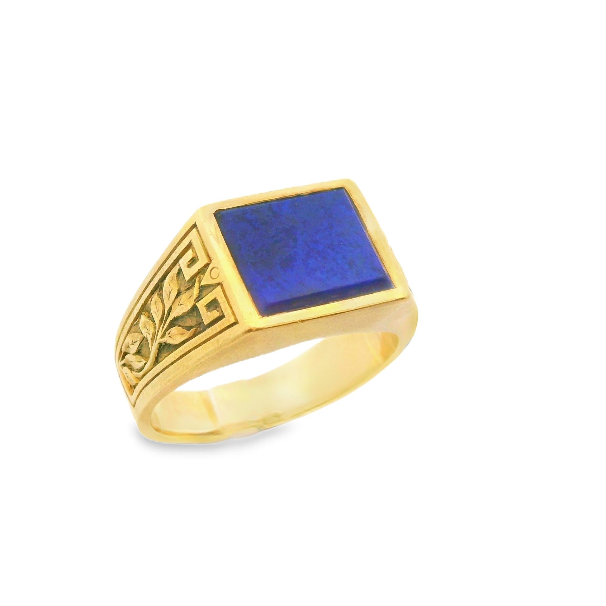 18k Yellow Gold Blue Lapis Pinky Ring with Engraved Shoulders