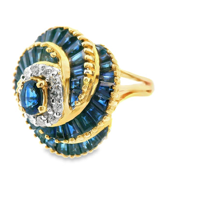 18k Yellow Gold Blue Sapphire and Diamond Ring