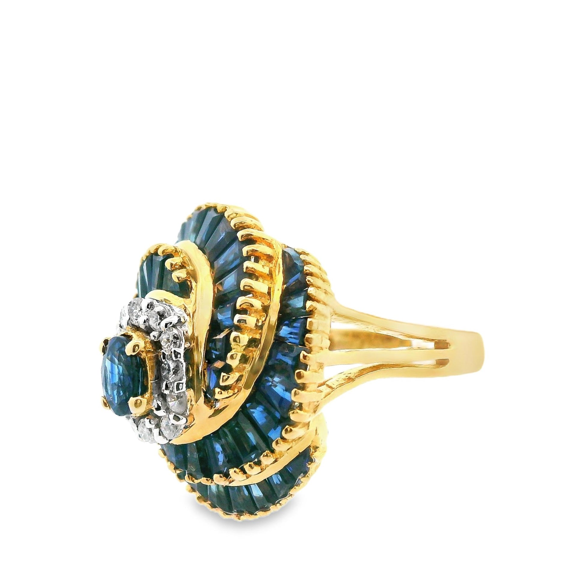 18k Yellow Gold Blue Sapphire and Diamond Ring