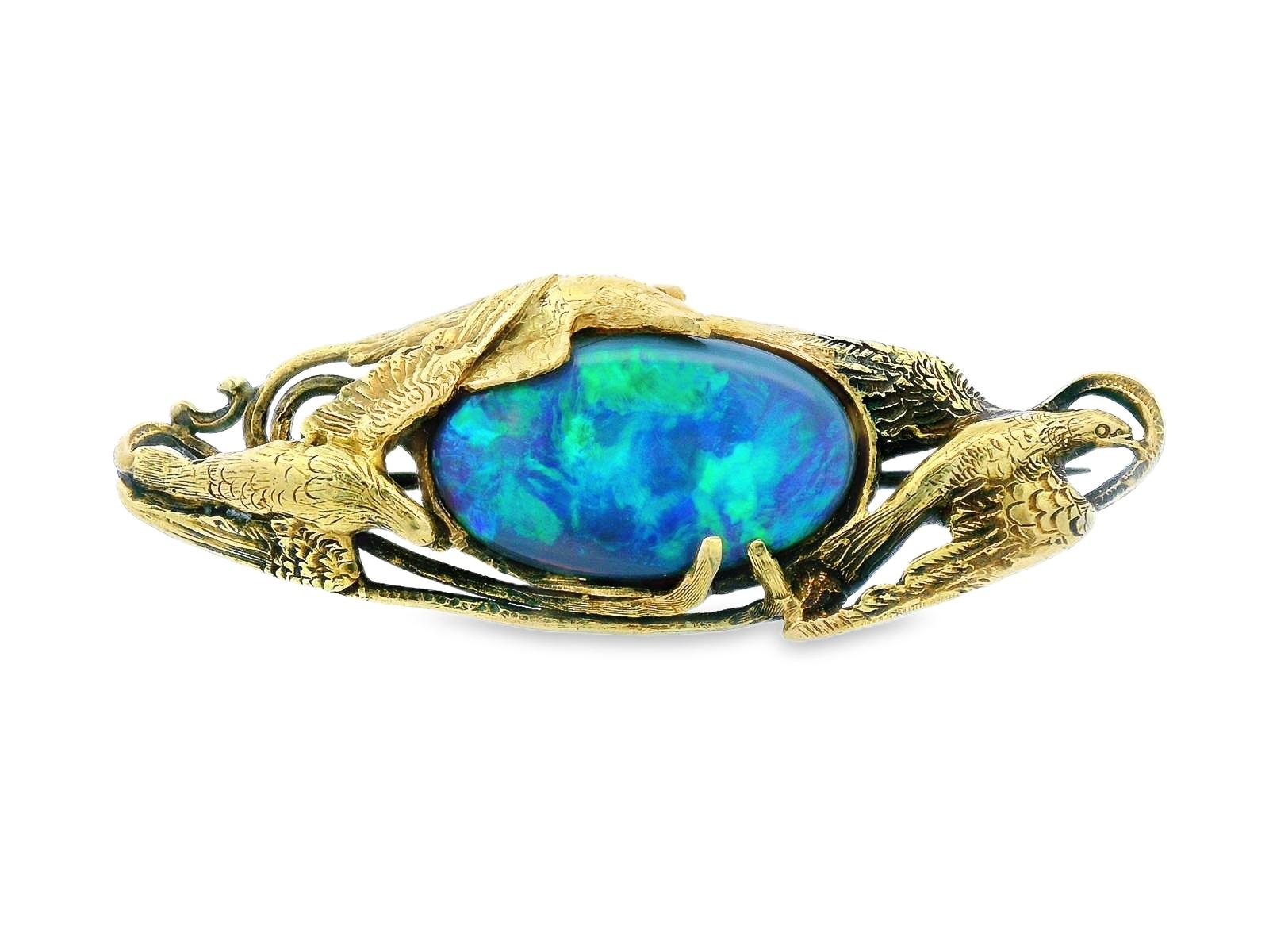 Arts & Crafts Walton & Co. 14K Green Gold Dove Brooch with Australian Black Opal