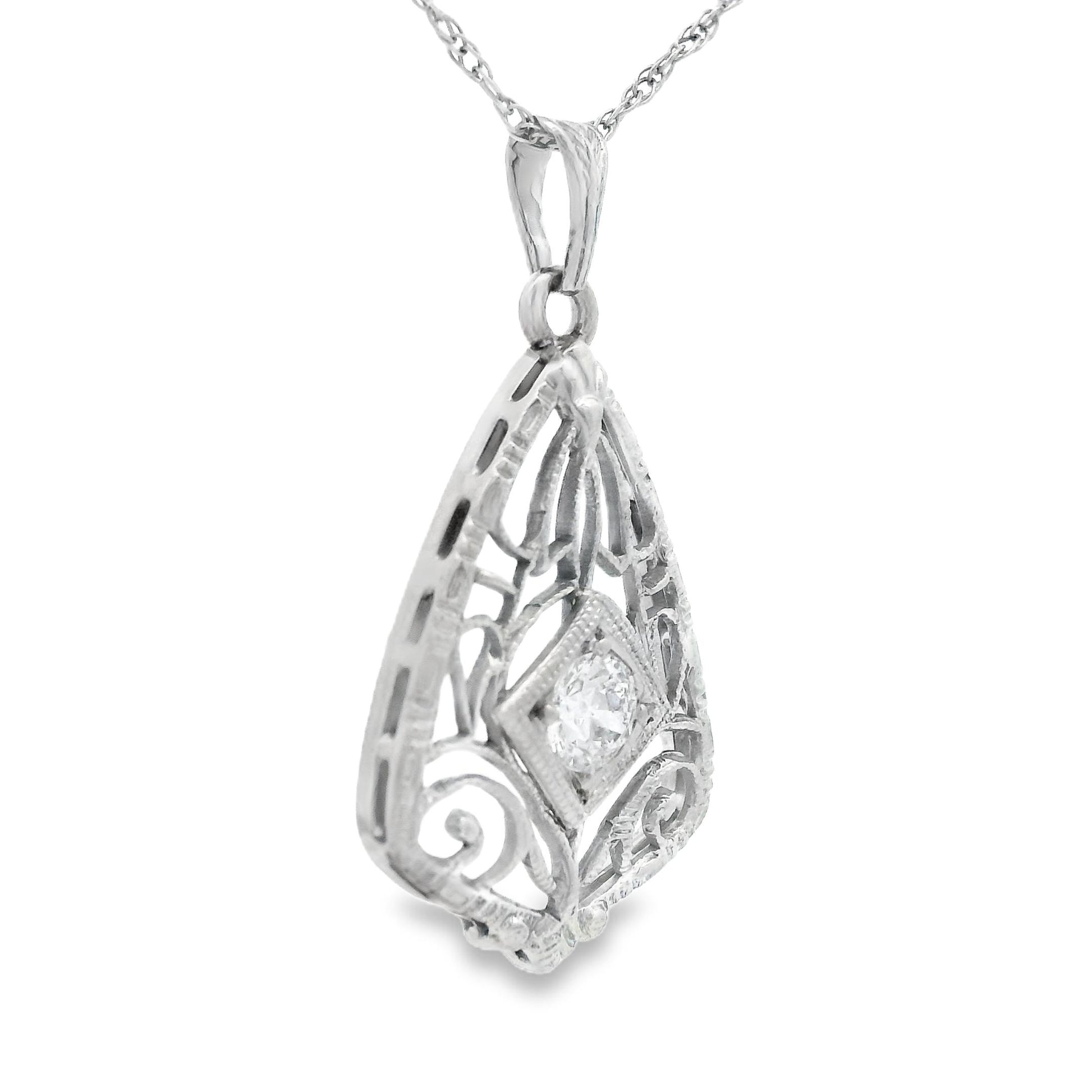 14k White Gold Filigree Diamond Pendant + Chain