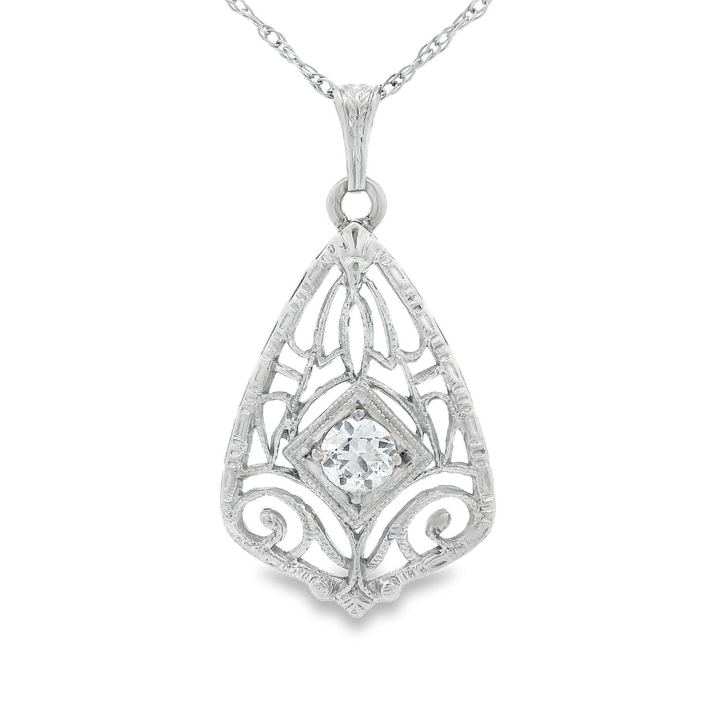 14k White Gold Filigree Diamond Pendant + Chain