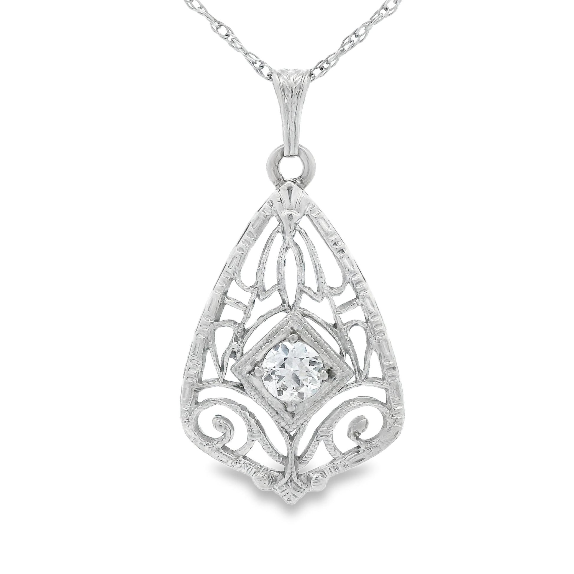 14k White Gold Filigree Diamond Pendant + Chain