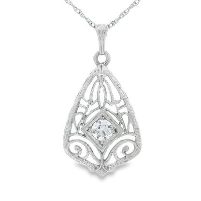 14k White Gold Filigree Diamond Pendant + Chain