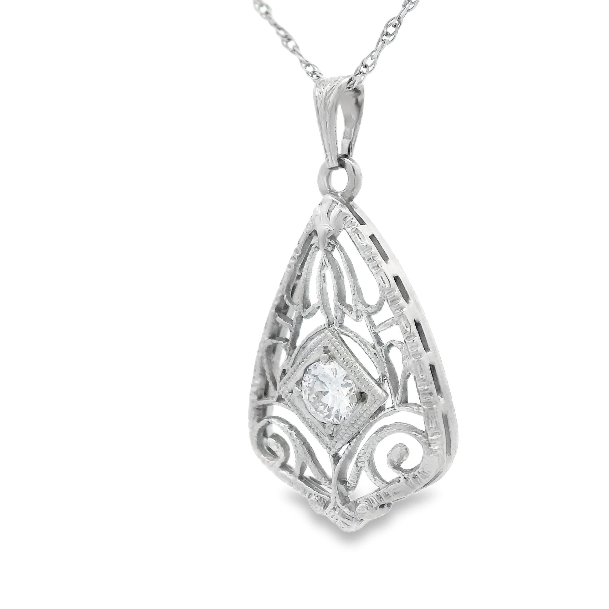 14k White Gold Filigree Diamond Pendant + Chain