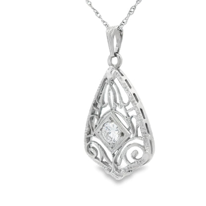 14k White Gold Filigree Diamond Pendant + Chain