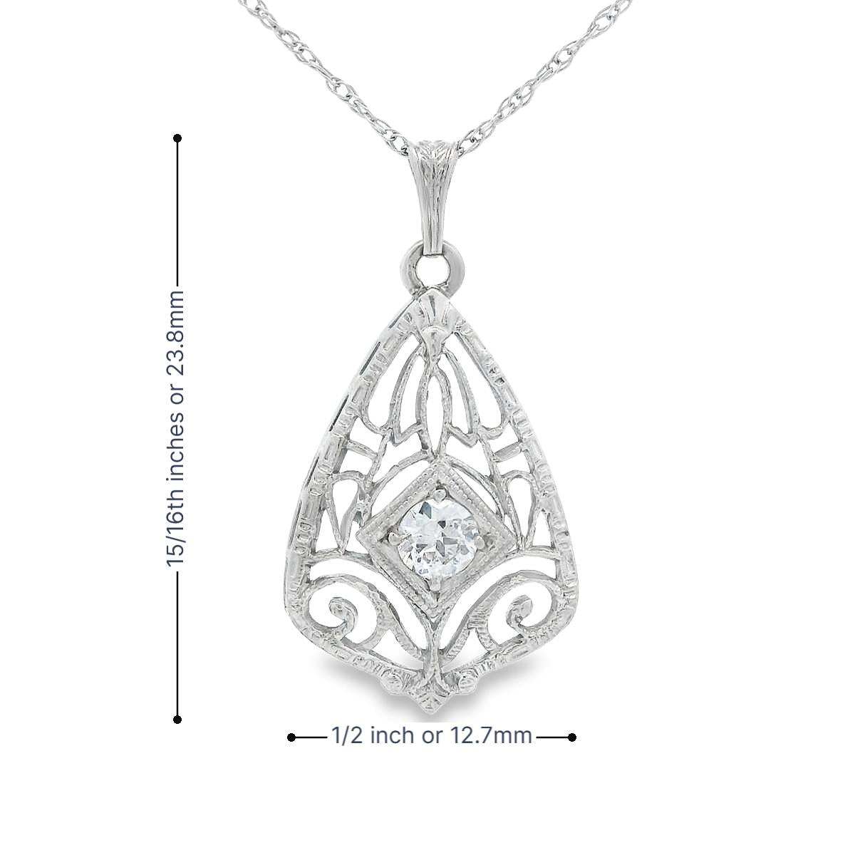 14k White Gold Filigree Diamond Pendant + Chain