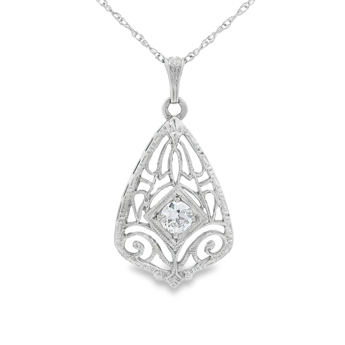 14k White Gold Filigree Diamond Pendant + Chain