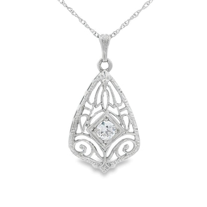 14k White Gold Filigree Diamond Pendant + Chain