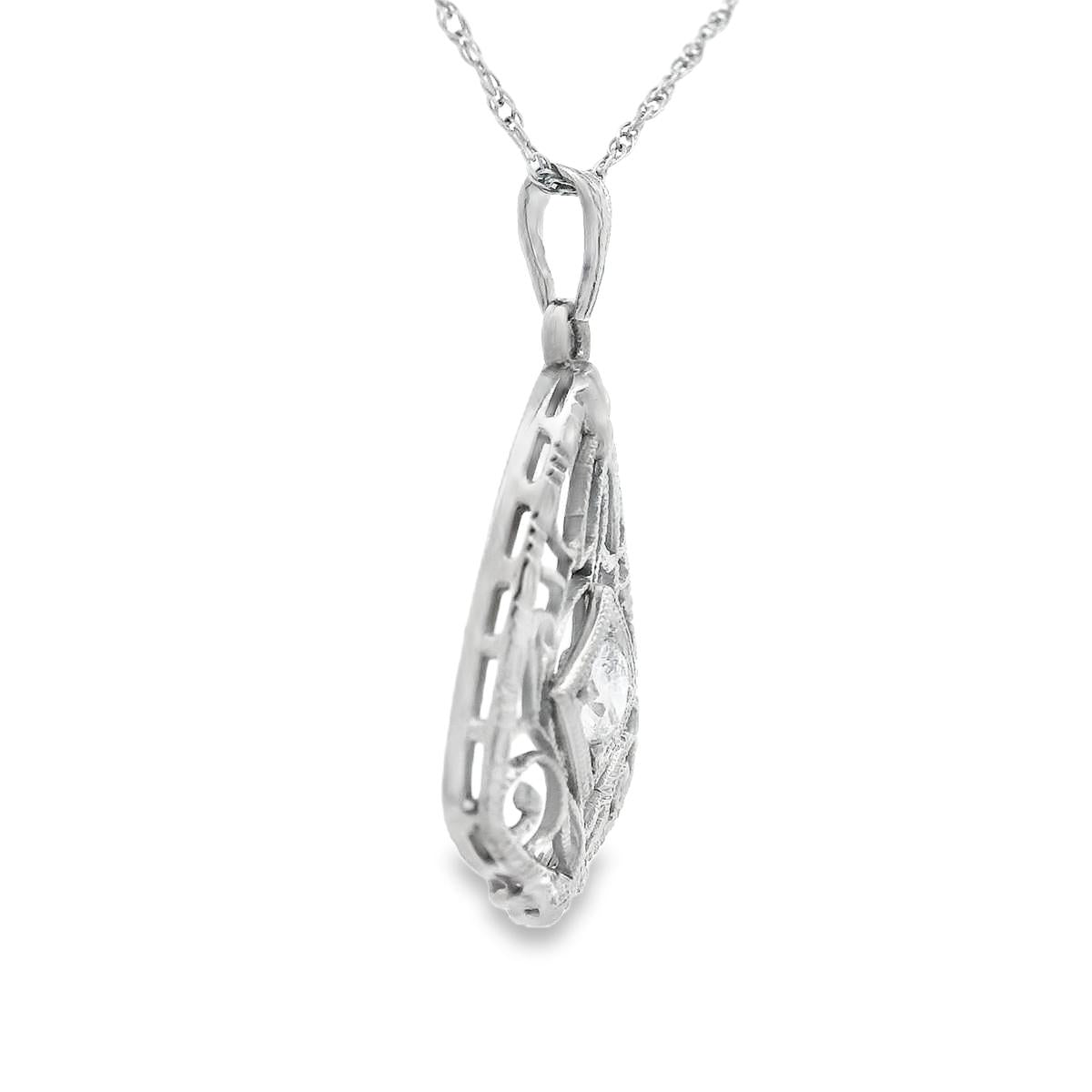 14k White Gold Filigree Diamond Pendant + Chain