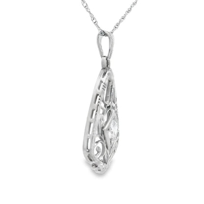 14k White Gold Filigree Diamond Pendant + Chain