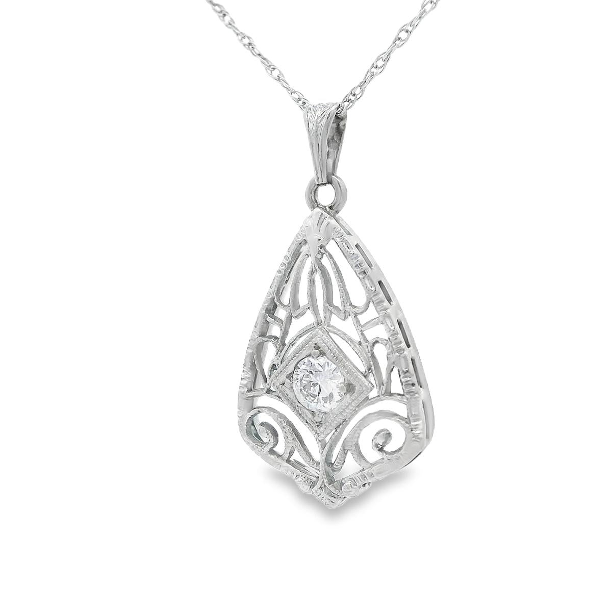 14k White Gold Filigree Diamond Pendant + Chain