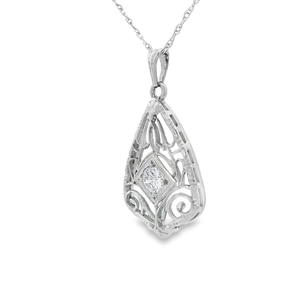 14k White Gold Filigree Diamond Pendant + Chain