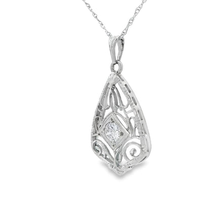 14k White Gold Filigree Diamond Pendant + Chain