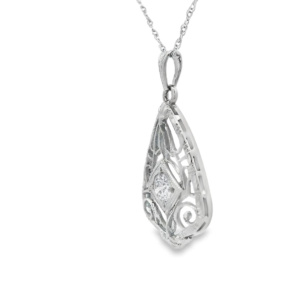 14k White Gold Filigree Diamond Pendant + Chain