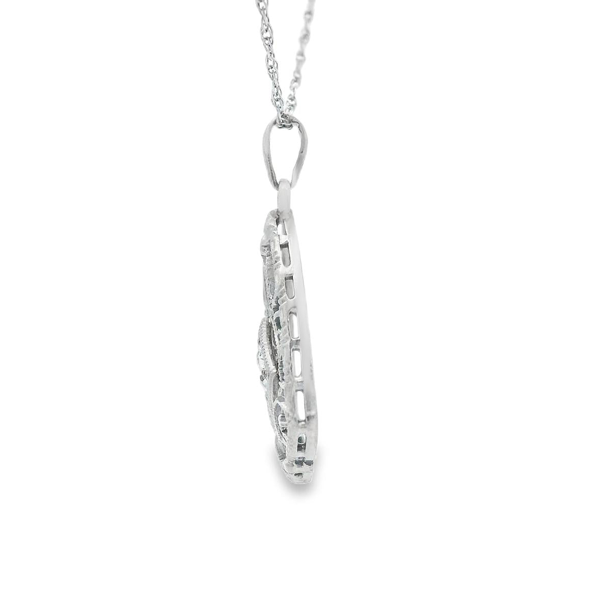 14k White Gold Filigree Diamond Pendant + Chain