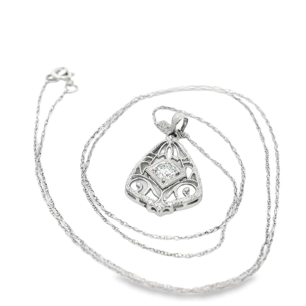14k White Gold Filigree Diamond Pendant + Chain