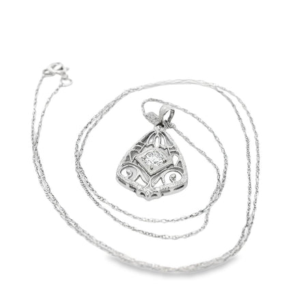 14k White Gold Filigree Diamond Pendant + Chain