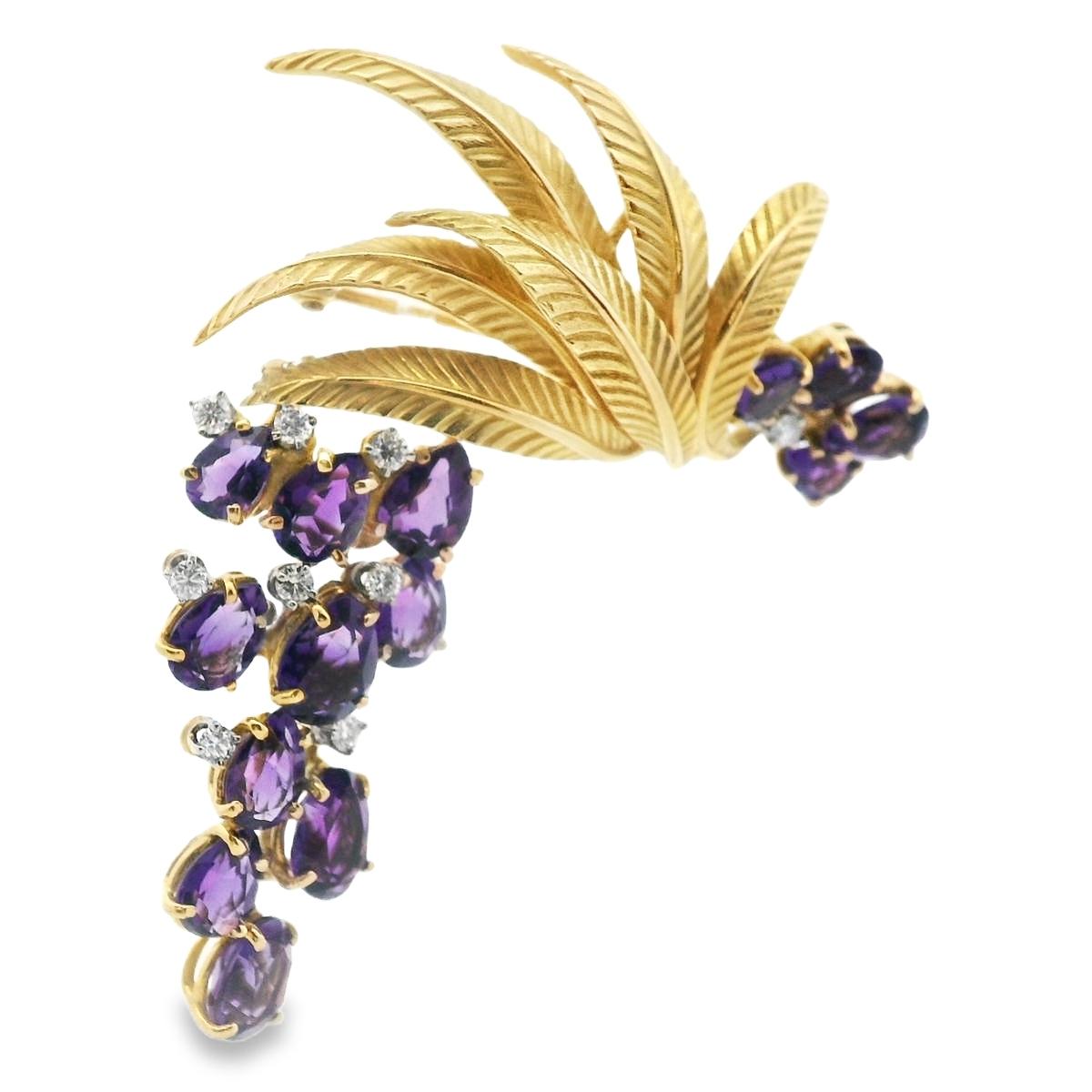 J.E. Caldwell 18k Yellow Gold Diamond & Amethyst Movable Grapevine Brooch
