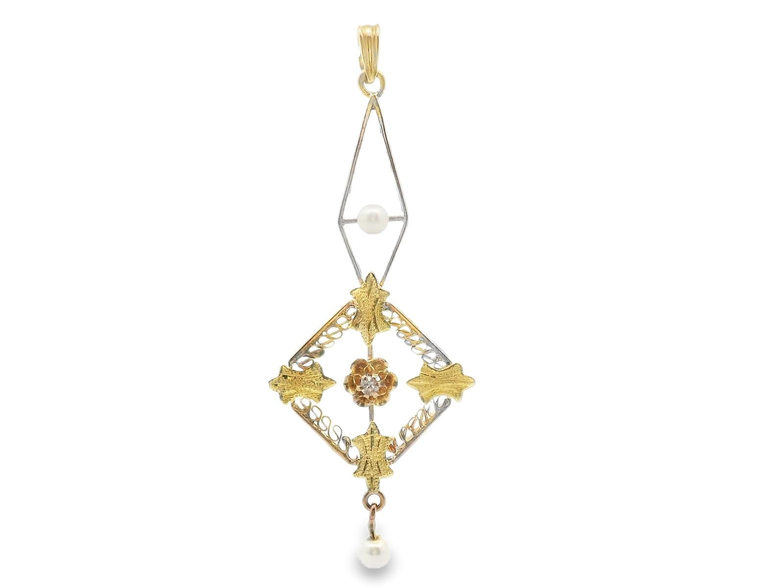 1890 Victorian Pearl & Diamond Two Tone 14k Floral Motif Pendant