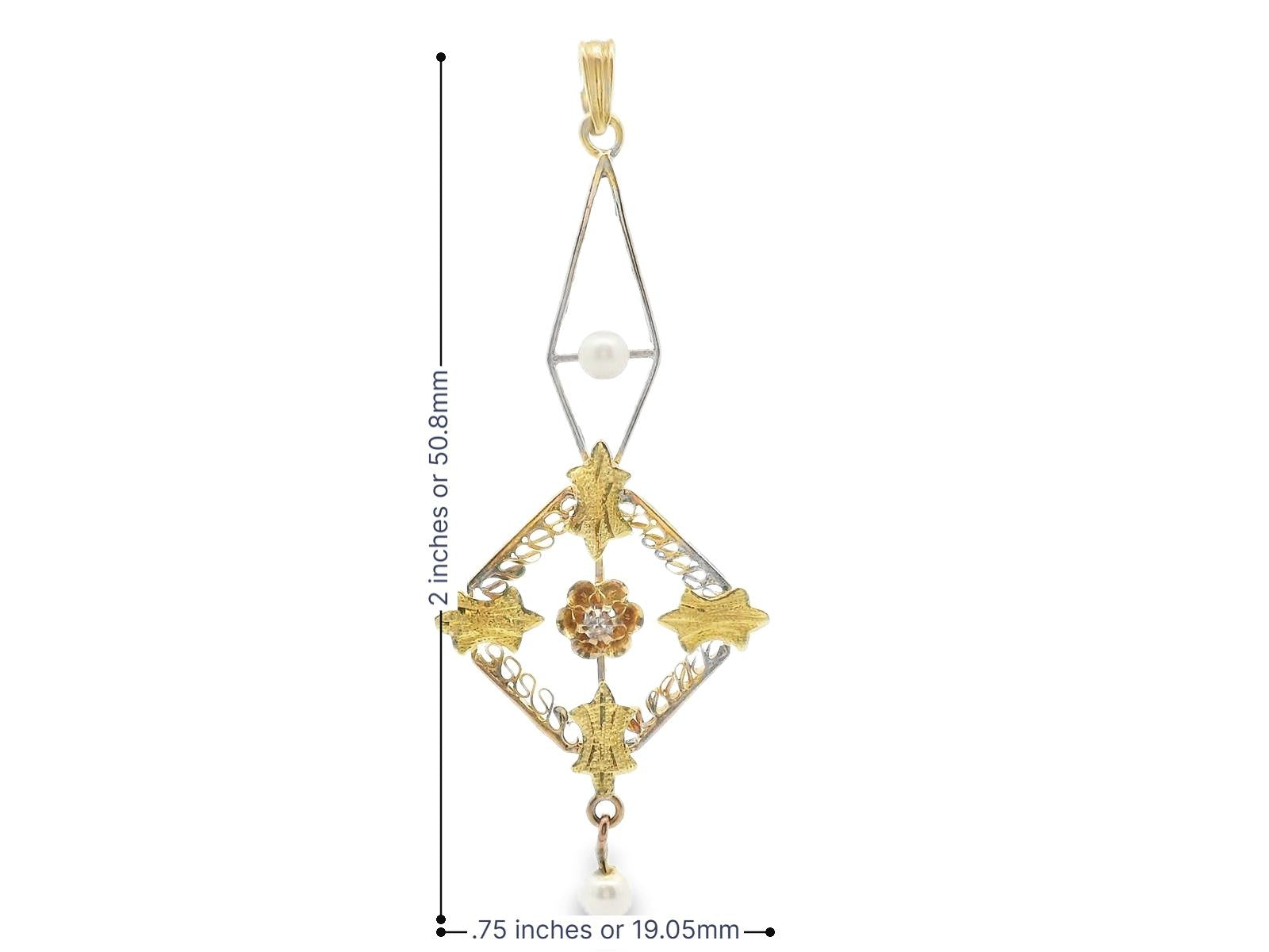 1890 Victorian Pearl & Diamond Two Tone 14k Floral Motif Pendant