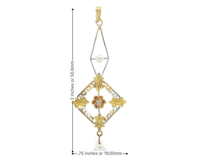 1890 Victorian Pearl & Diamond Two Tone 14k Floral Motif Pendant