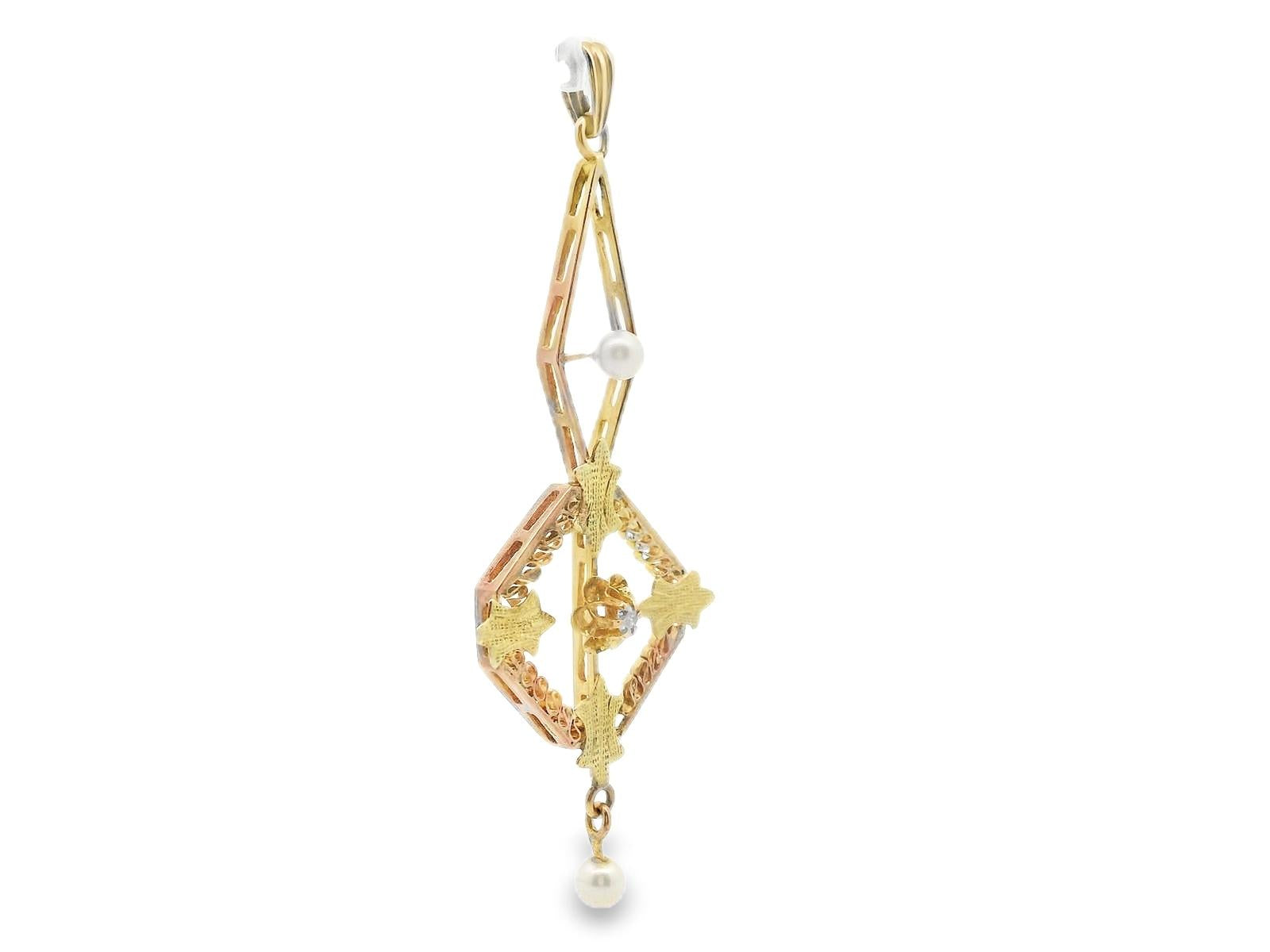 1890 Victorian Pearl & Diamond Two Tone 14k Floral Motif Pendant
