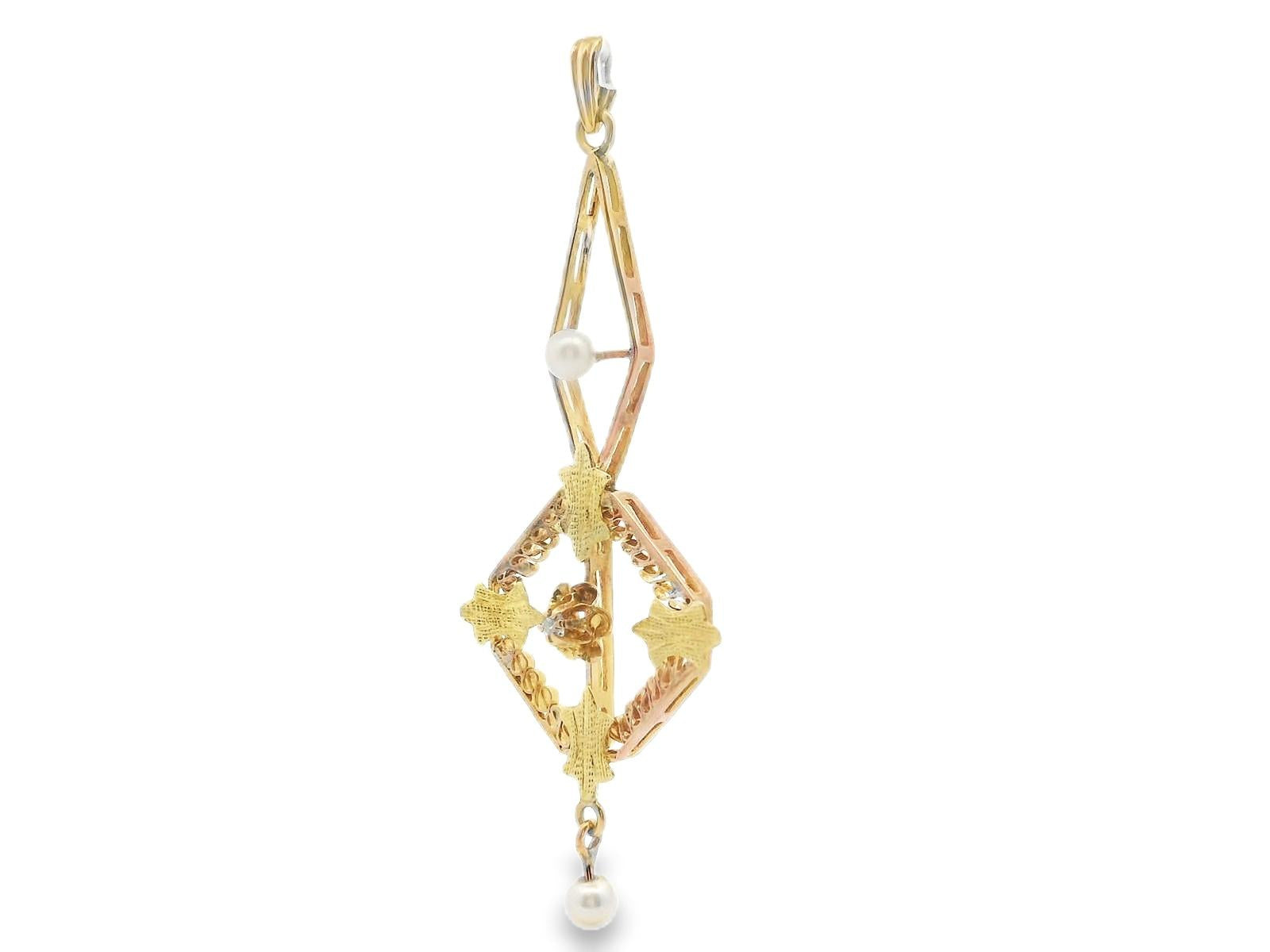 1890 Victorian Pearl & Diamond Two Tone 14k Floral Motif Pendant