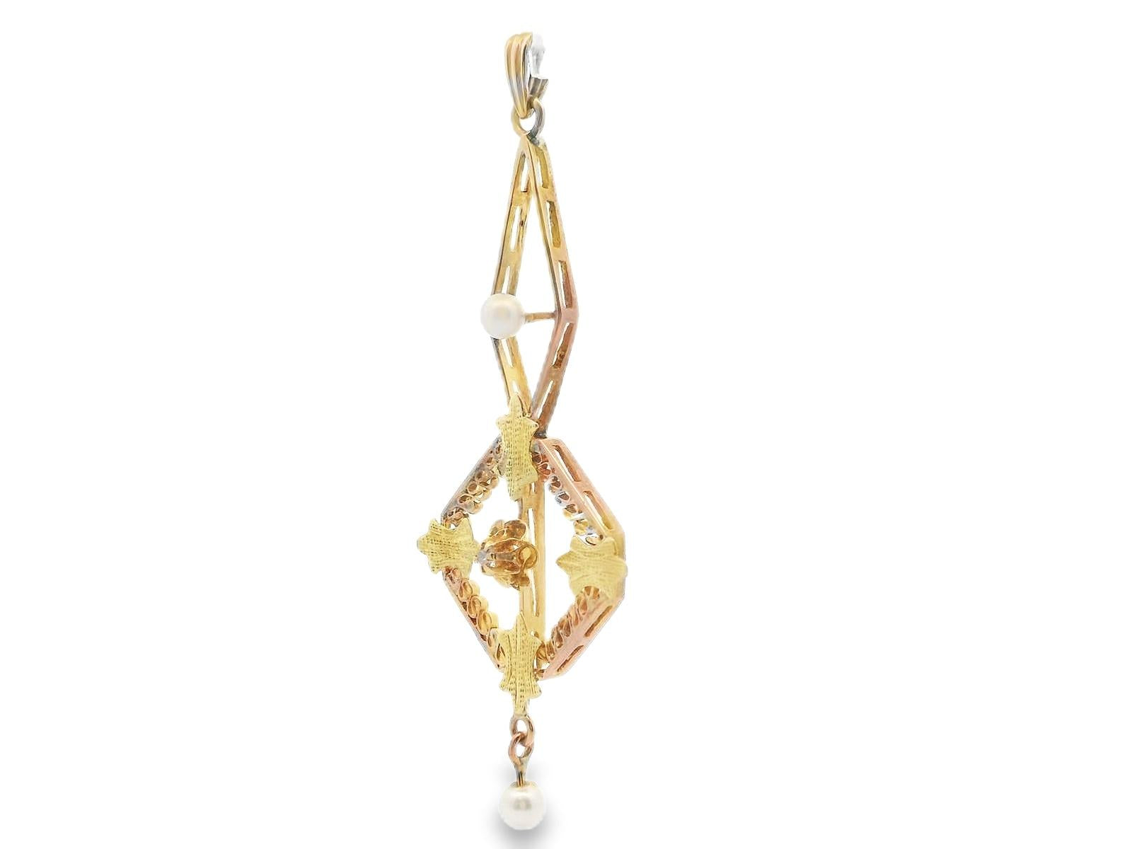 1890 Victorian Pearl & Diamond Two Tone 14k Floral Motif Pendant