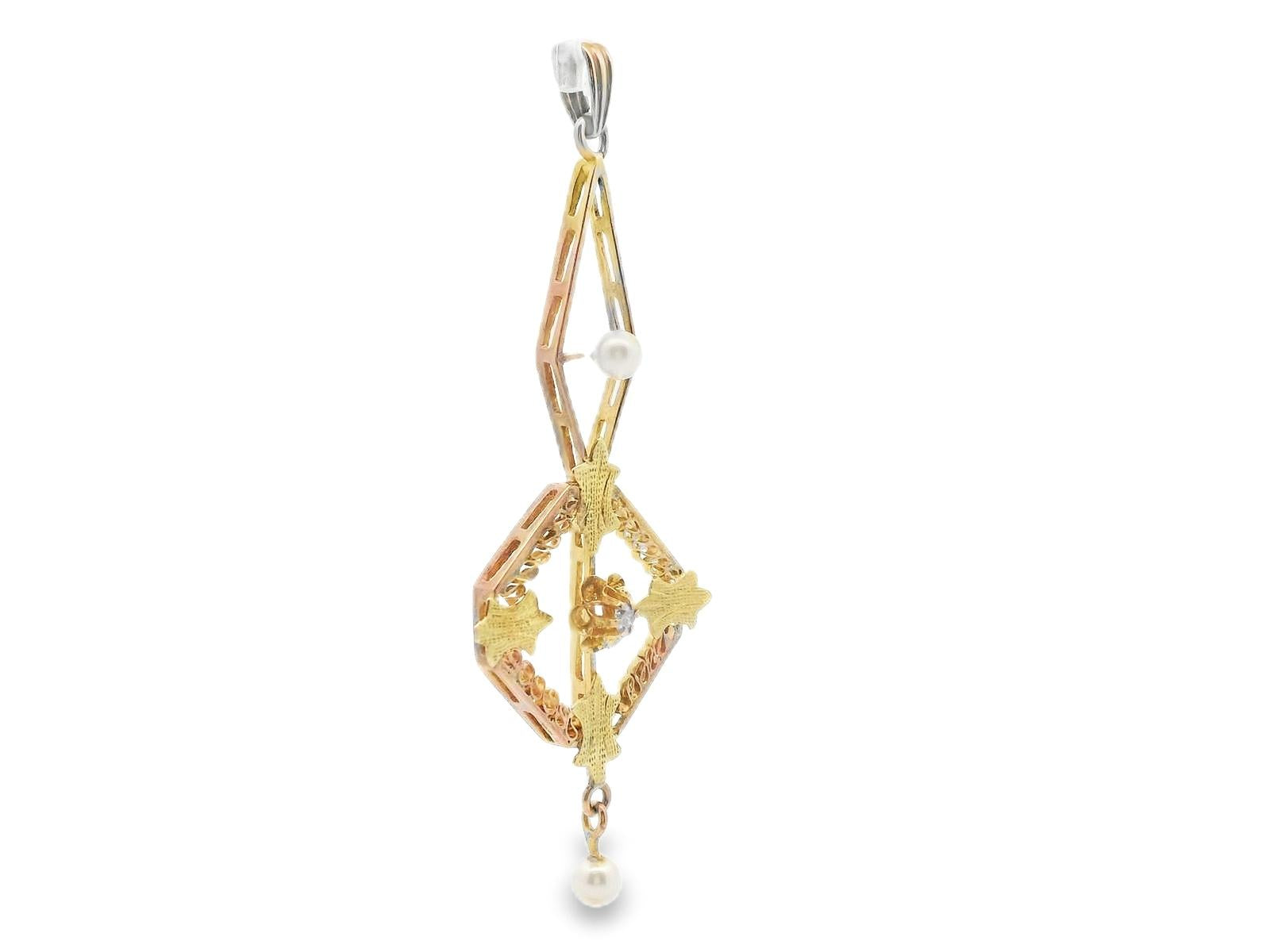1890 Victorian Pearl & Diamond Two Tone 14k Floral Motif Pendant