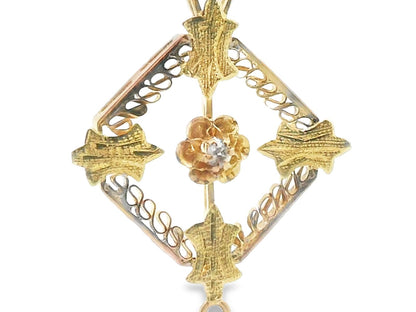 1890 Victorian Pearl & Diamond Two Tone 14k Floral Motif Pendant