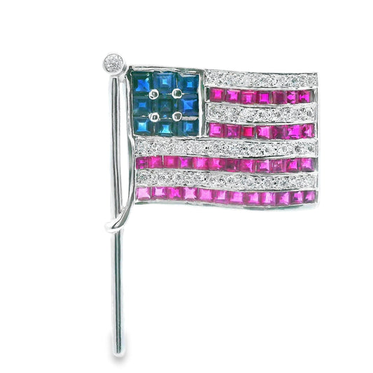 14K White Gold Diamond, Sapphire & Ruby USA American Flag Pin/Pendant
