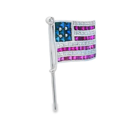 14K White Gold Diamond, Sapphire & Ruby USA American Flag Pin/Pendant