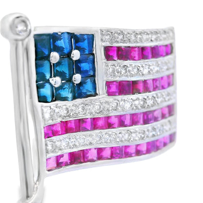 14K White Gold Diamond, Sapphire & Ruby USA American Flag Pin/Pendant
