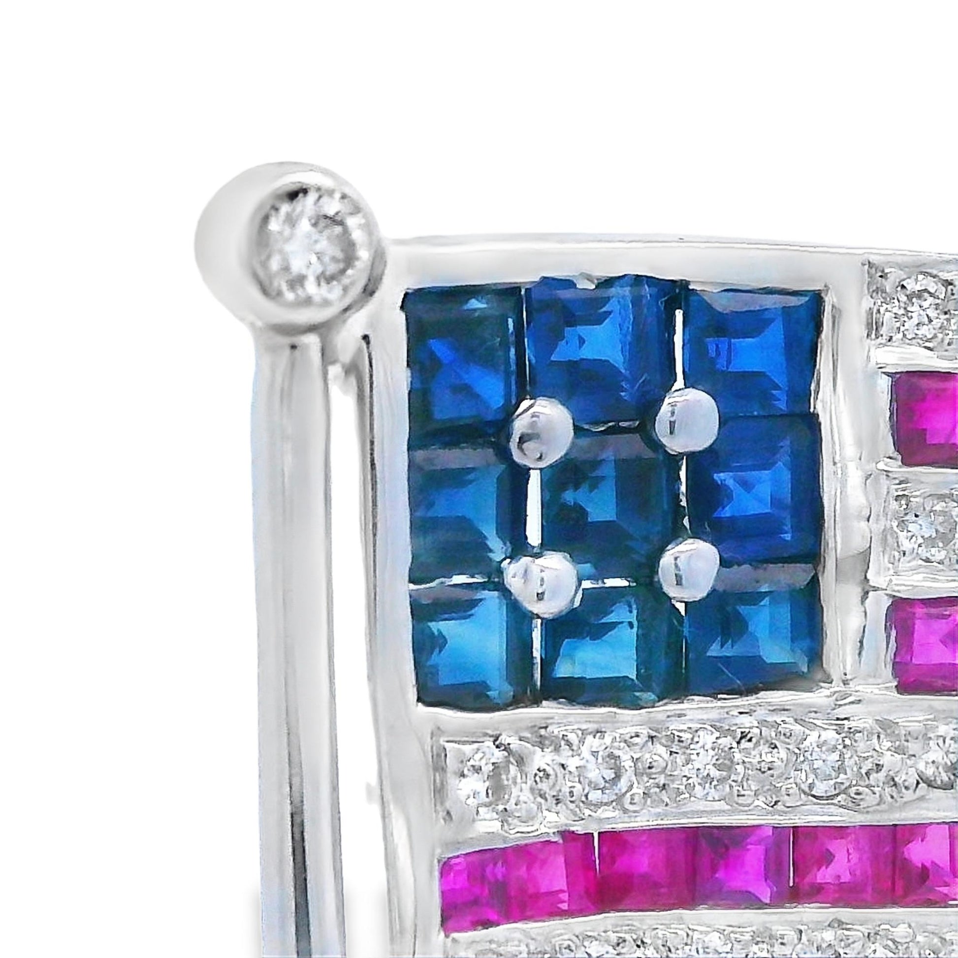 14K White Gold Diamond, Sapphire & Ruby USA American Flag Pin/Pendant