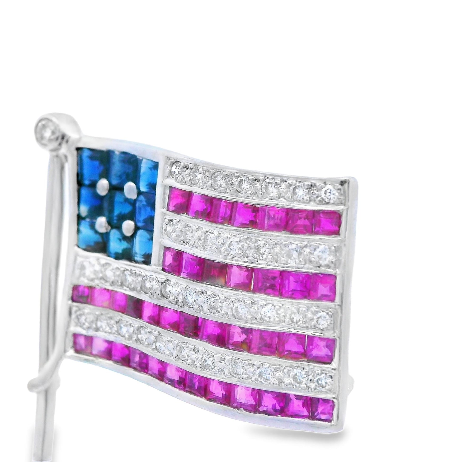 14K White Gold Diamond, Sapphire & Ruby USA American Flag Pin/Pendant