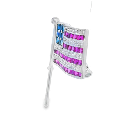 14K White Gold Diamond, Sapphire & Ruby USA American Flag Pin/Pendant