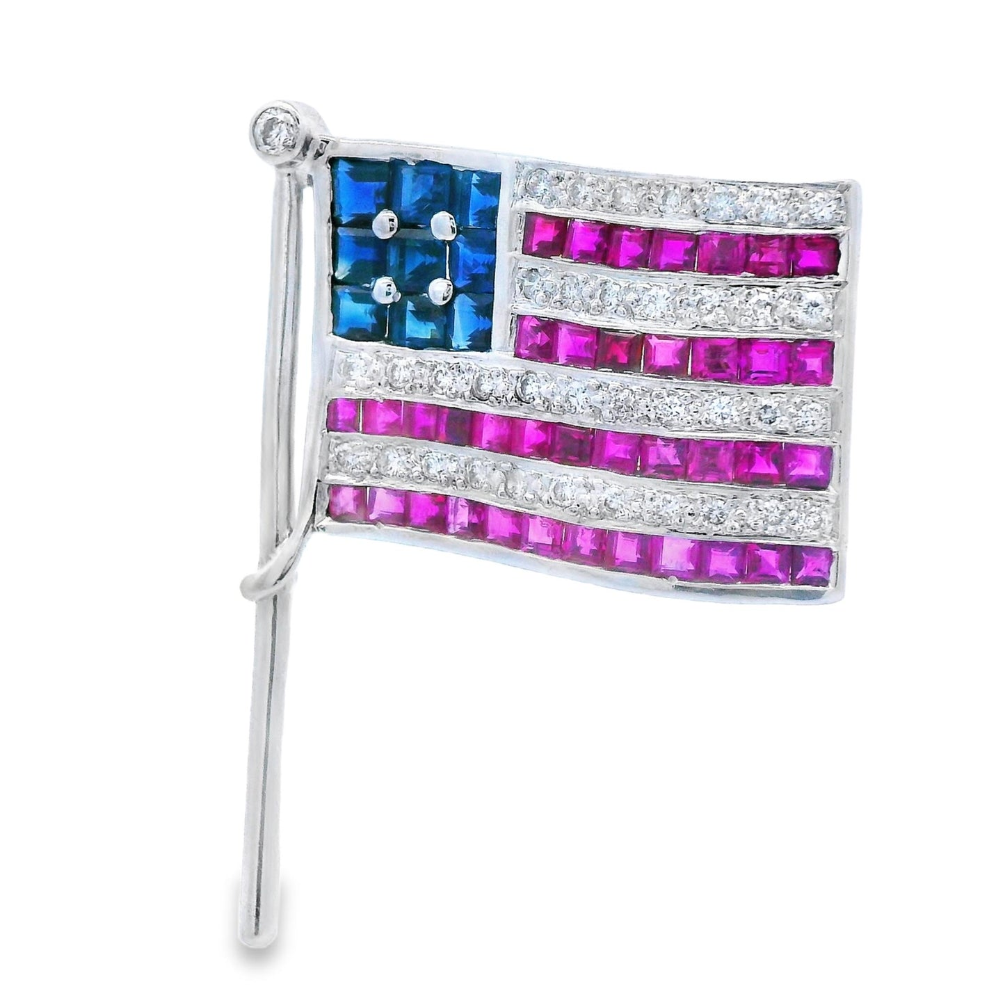 14K White Gold Diamond, Sapphire & Ruby USA American Flag Pin/Pendant