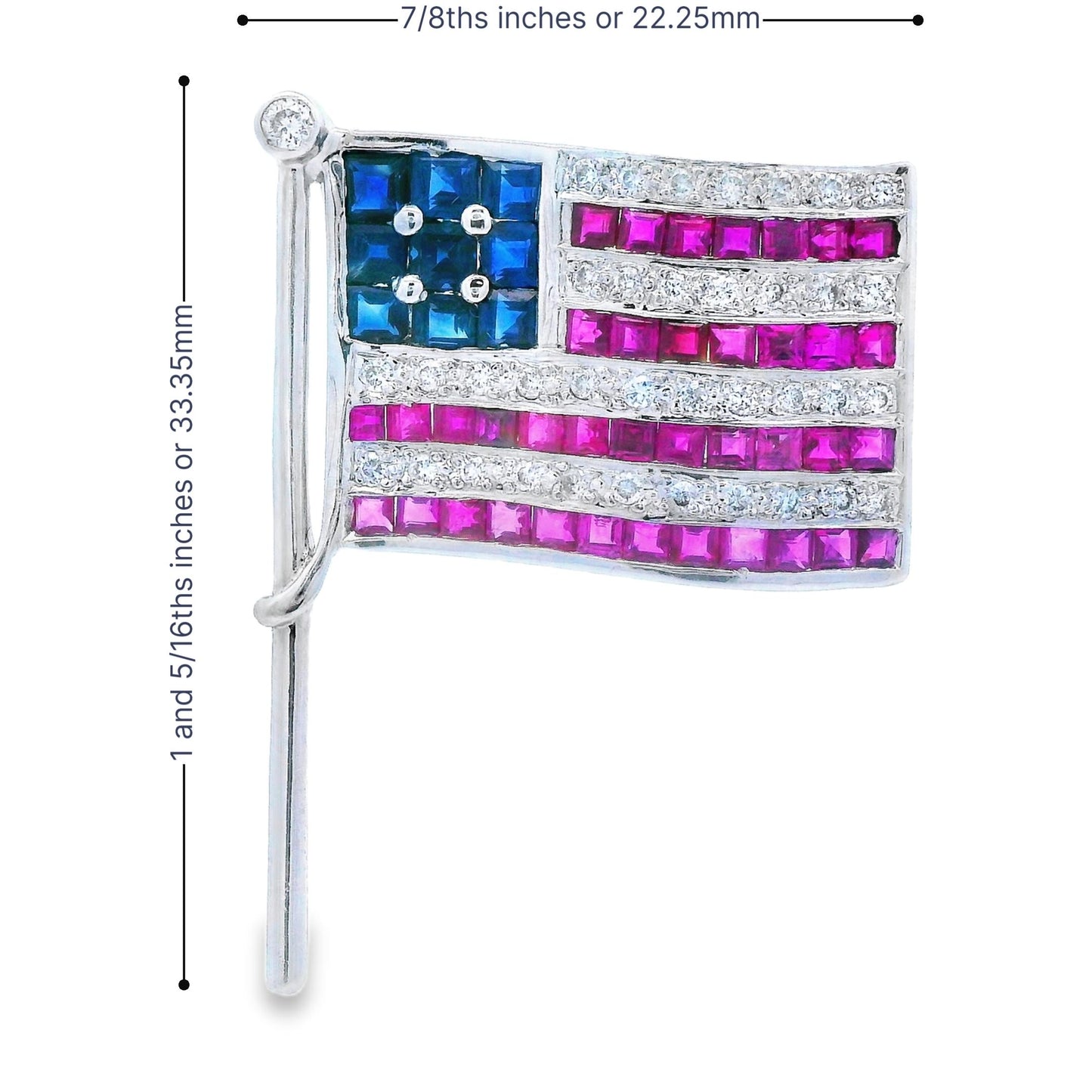 14K White Gold Diamond, Sapphire & Ruby USA American Flag Pin/Pendant