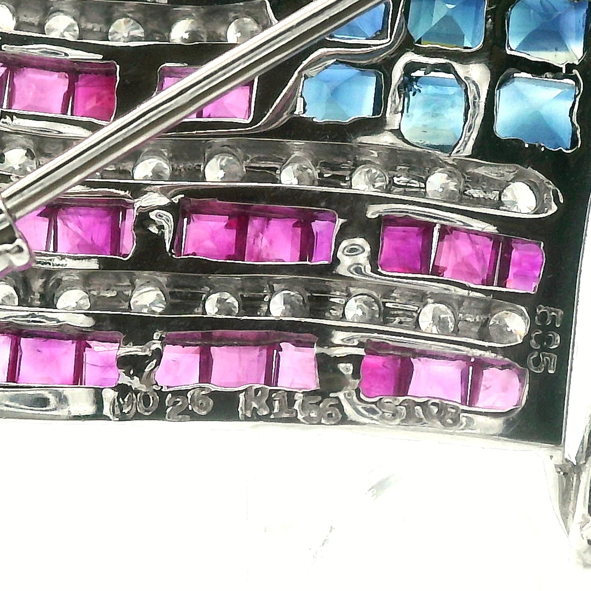 14K White Gold Diamond, Sapphire & Ruby USA American Flag Pin/Pendant