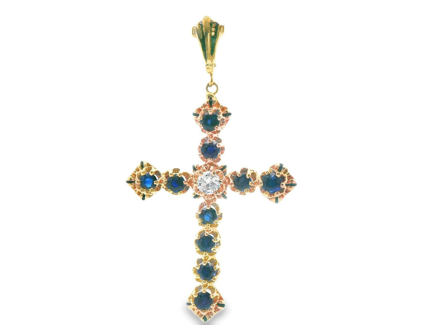 14k Yellow Gold Sapphire & Diamond Cross Pendant