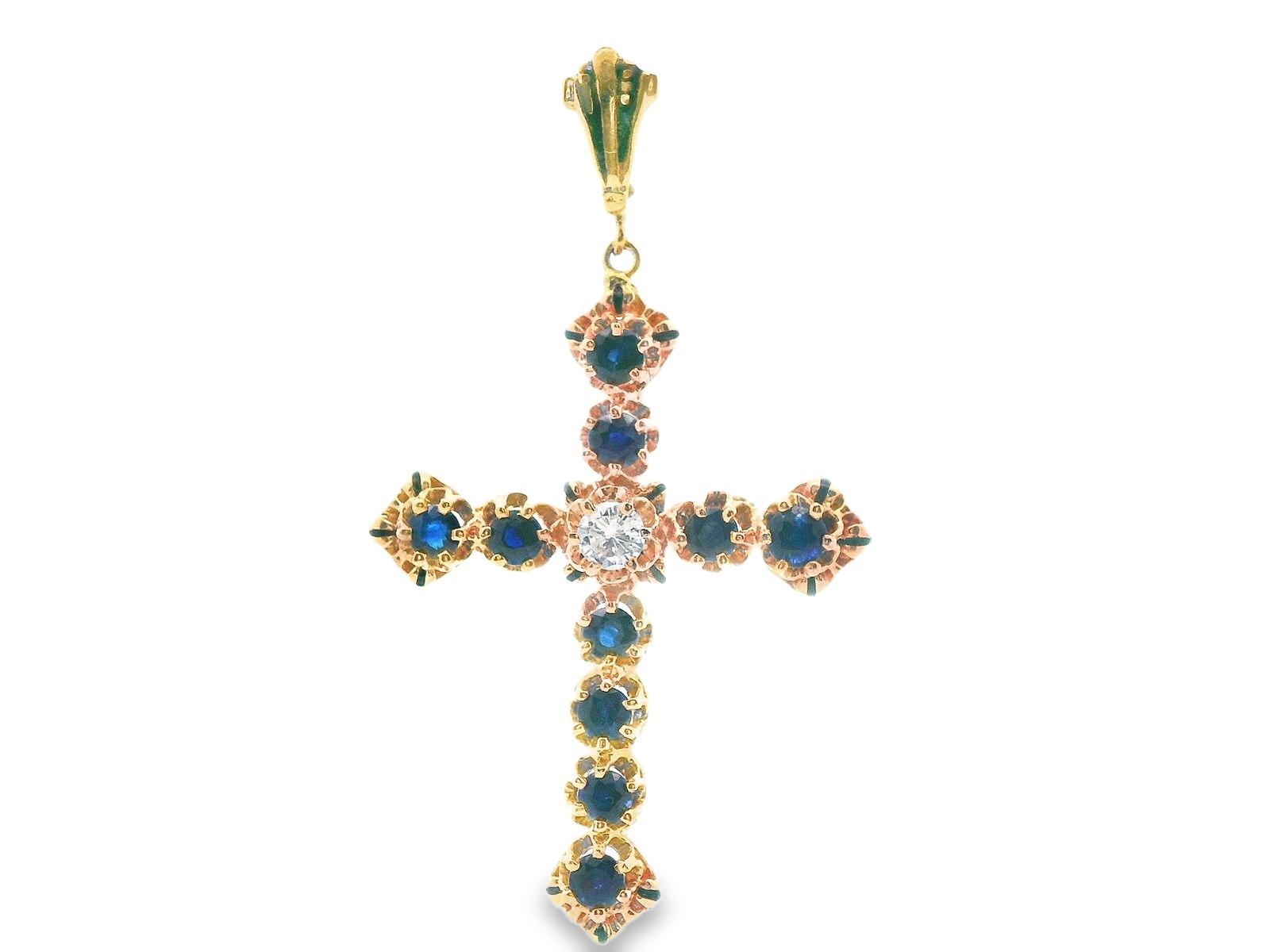 14k Yellow Gold Sapphire & Diamond Cross Pendant