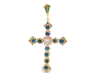 14k Yellow Gold Sapphire & Diamond Cross Pendant