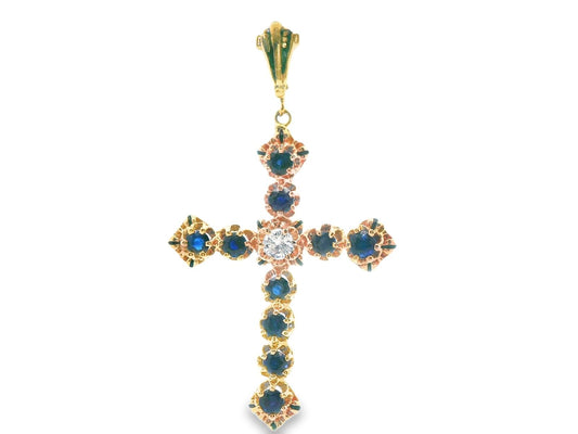 14k Yellow Gold Sapphire & Diamond Cross Pendant