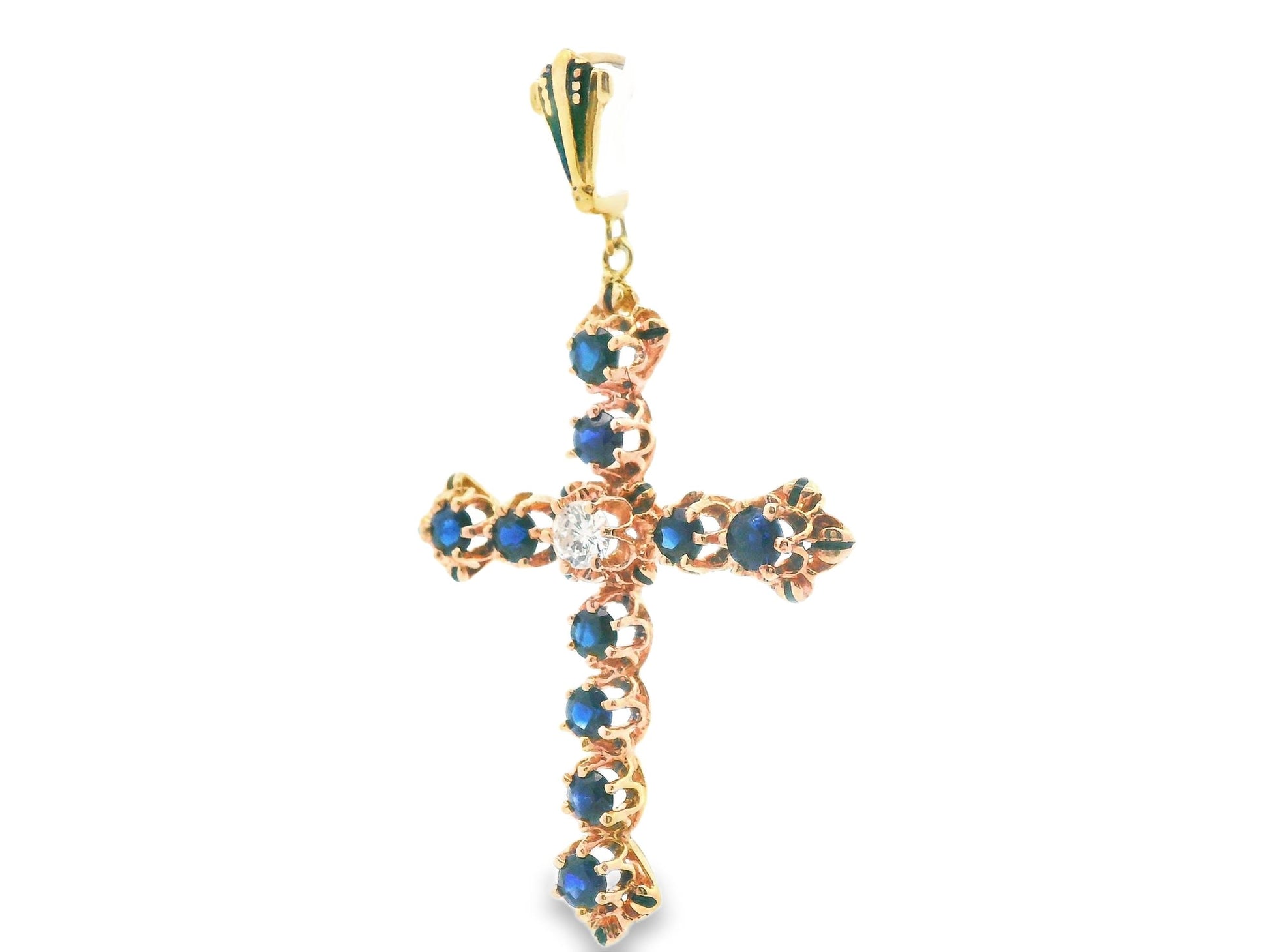 14k Yellow Gold Sapphire & Diamond Cross Pendant