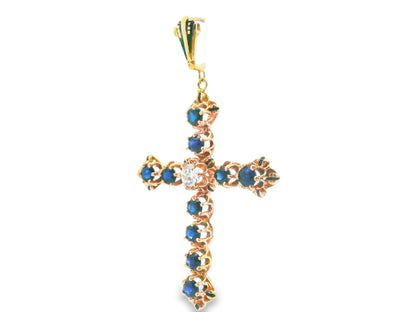 14k Yellow Gold Sapphire & Diamond Cross Pendant