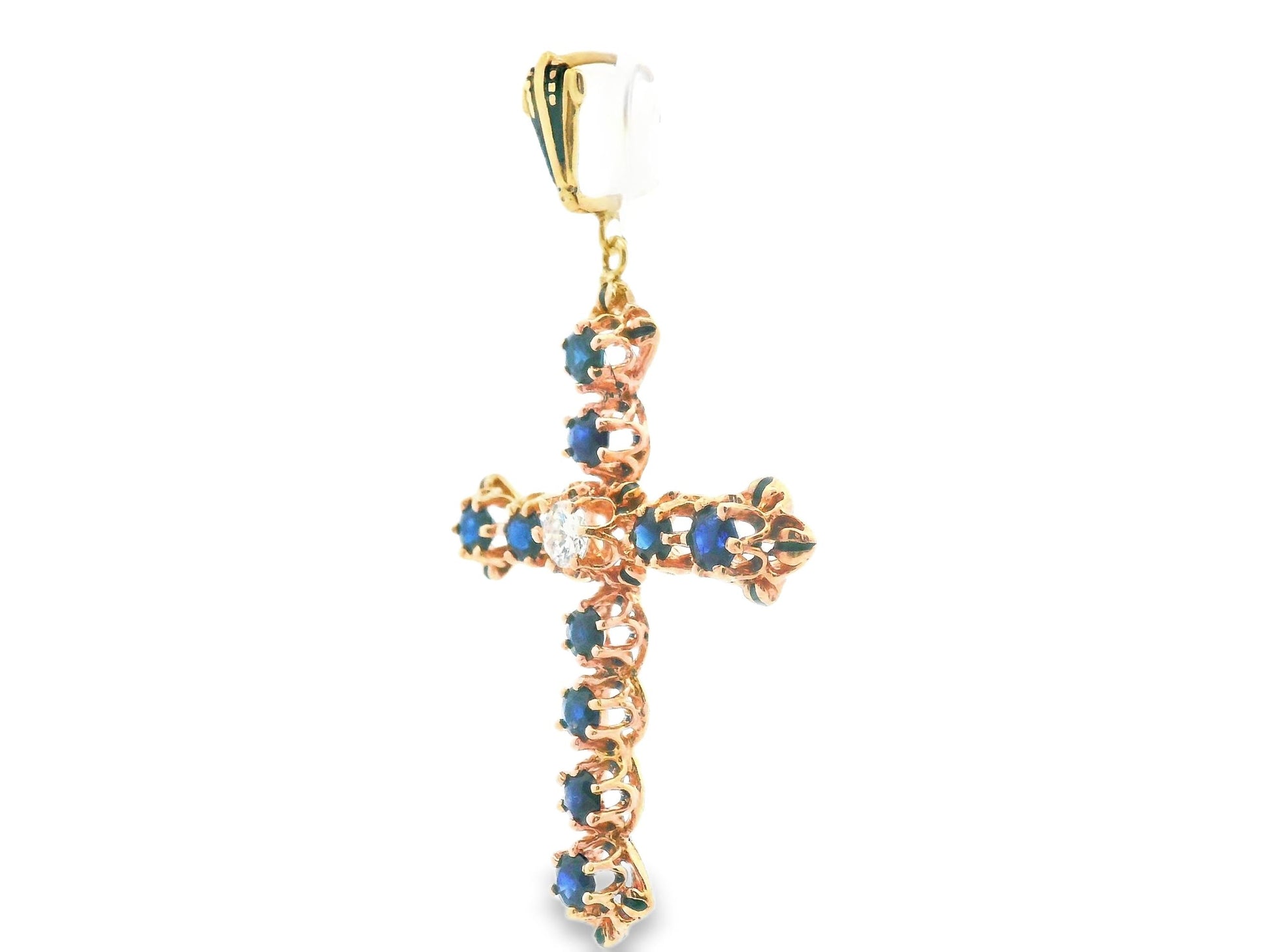14k Yellow Gold Sapphire & Diamond Cross Pendant
