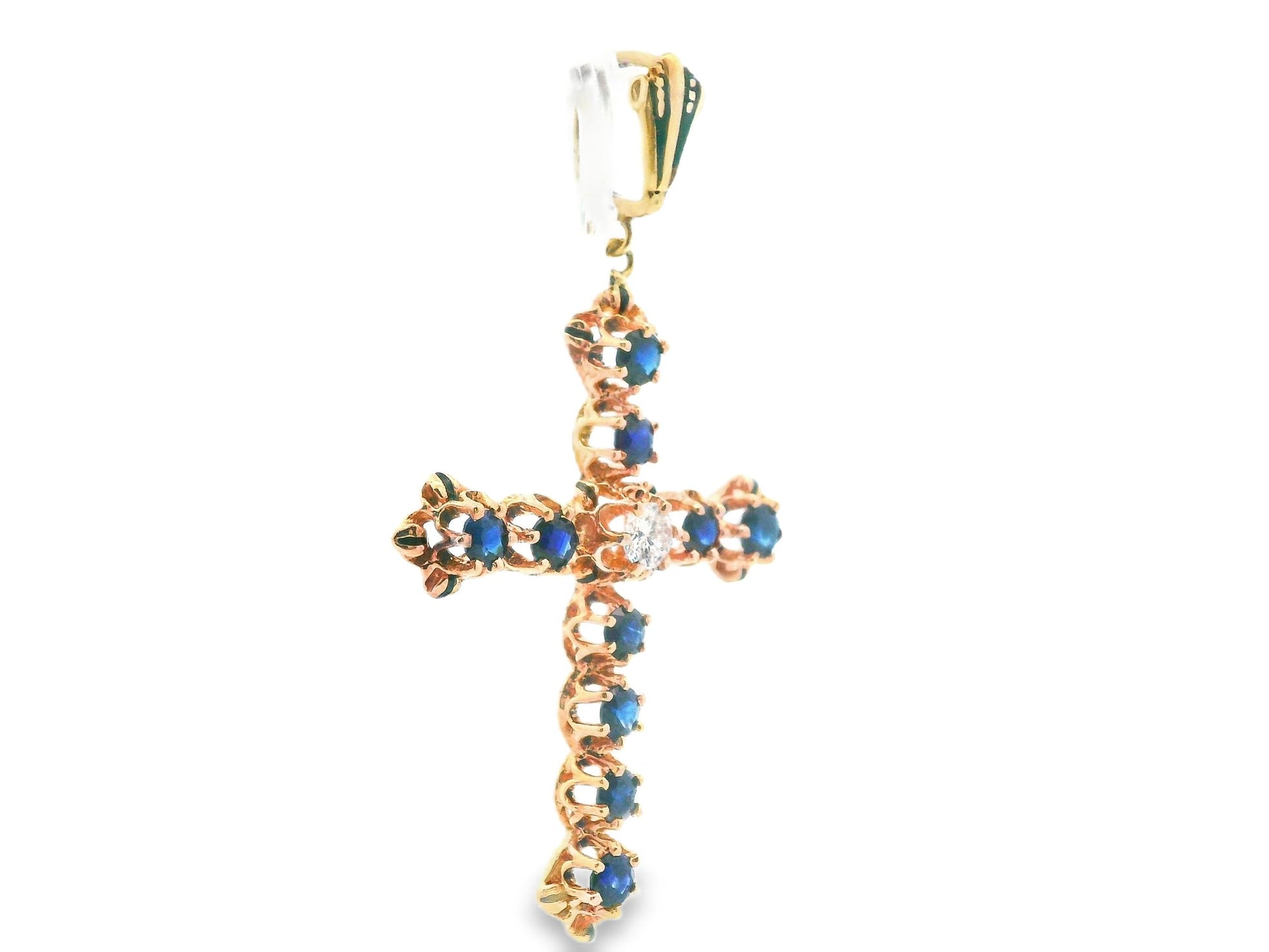 14k Yellow Gold Sapphire & Diamond Cross Pendant